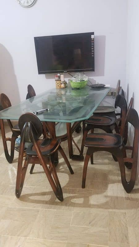 DINING TABLE WITH 6 HEAVY WOODEN CHAIR THICK GLASS LARGE SIZE 1