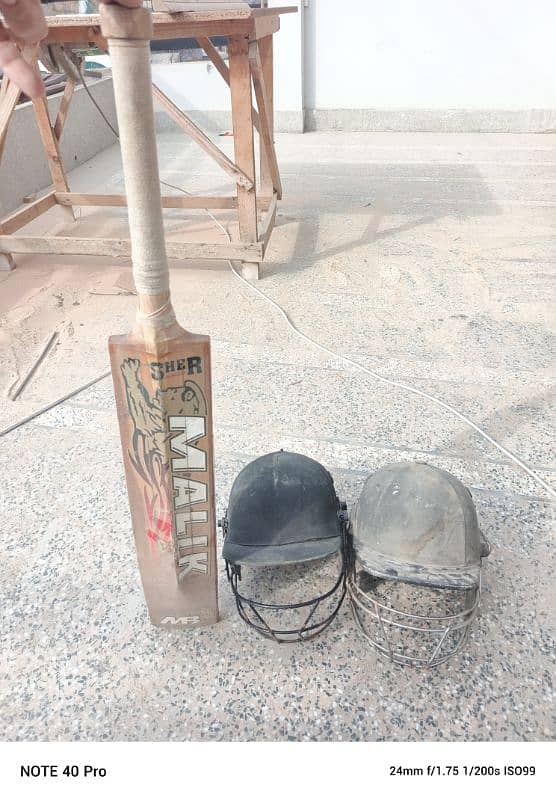 Mb Sher bat and 2 1 grade cricket helmet 1