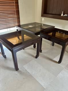 Set of 3 Wooden Tables with Glass Top