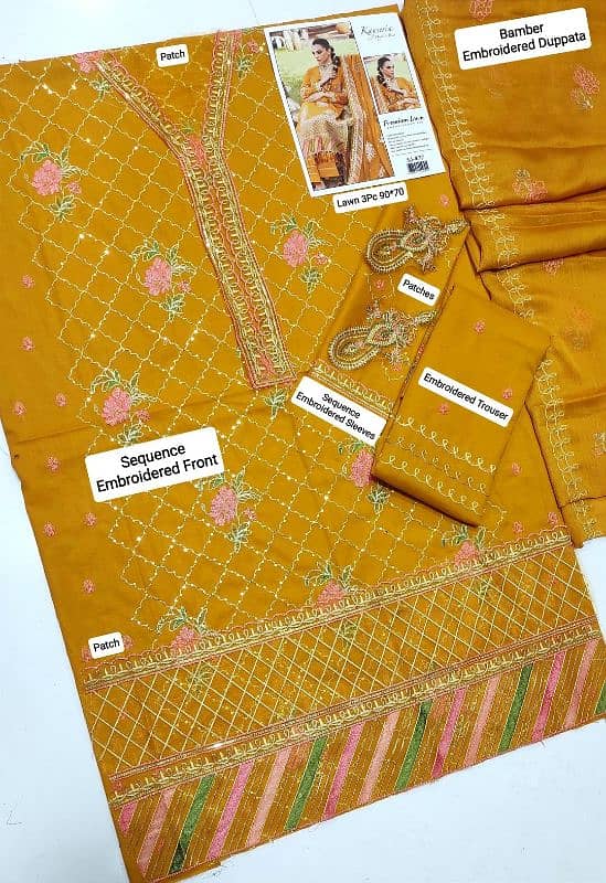 Stunning 3 PC's Embroidered Lawn Suit Set - Yellow 1