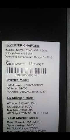 Growatt 3.2 KW Solar Inverter pv 65A. 24v