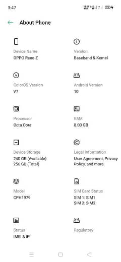 oppo Reno z. . Rim 8. . memory 256