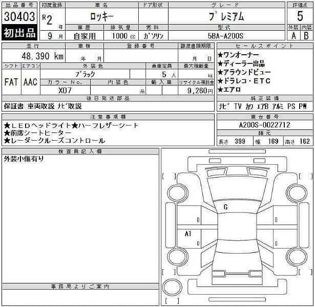 Daihatsu Rocky Premium 2020 / 2025 / 5 Grade Verifiable Auction Sheet 1