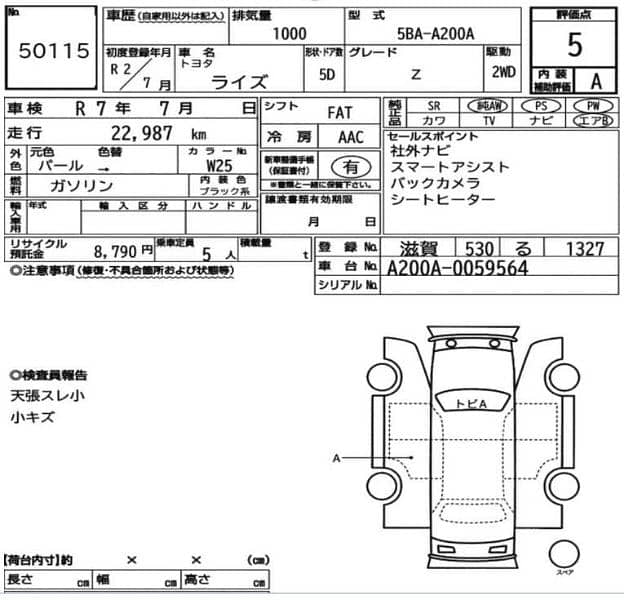 Toyota Raize Z Package 2020/2025 / 5 Grade Verifiable Auction Sheet 1