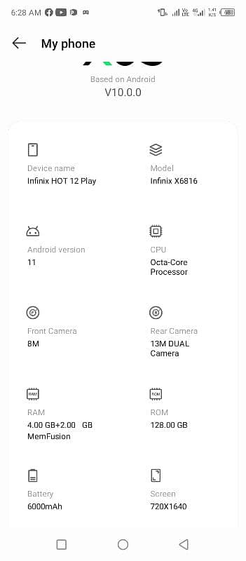 Infinix hot 12 play 4+2ram 128 memery 0