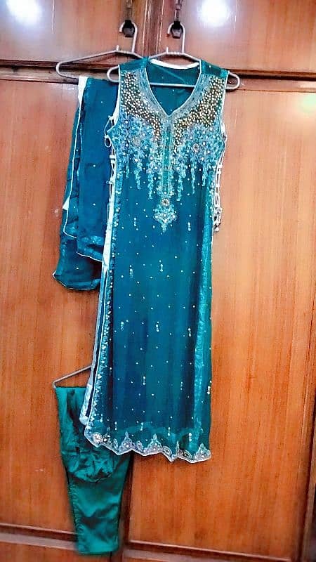 Green embroidery dress with silver work 0