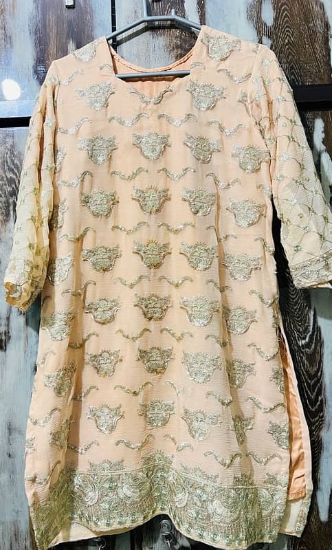 Elegant Peach and greenish Embroidered Stitched Dress Set with Dupatta 0