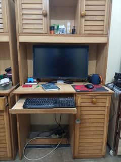 wood computer and study table with cabinets