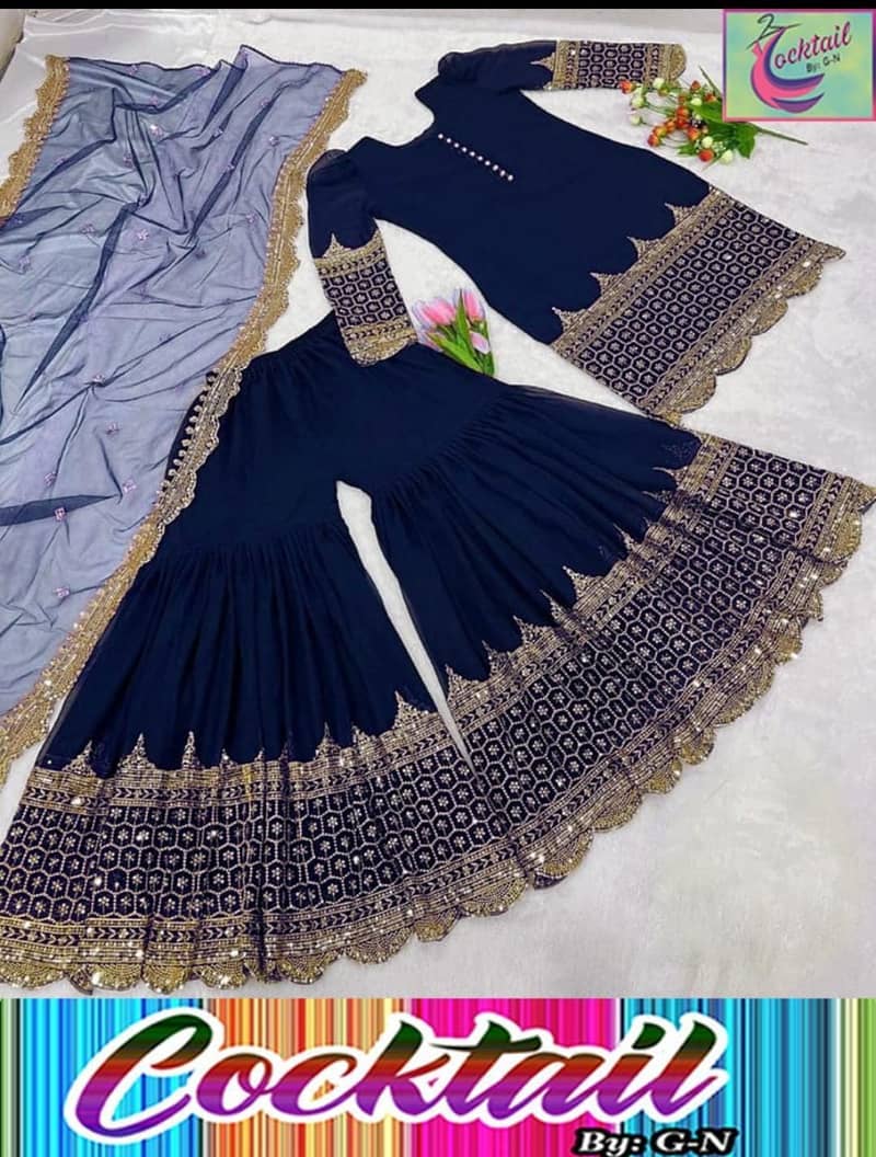 STUNNING BLUE SHAMOZ SILK SUIT SET WITH SEQUINS EMBROIDERY -- 3 PCS 1