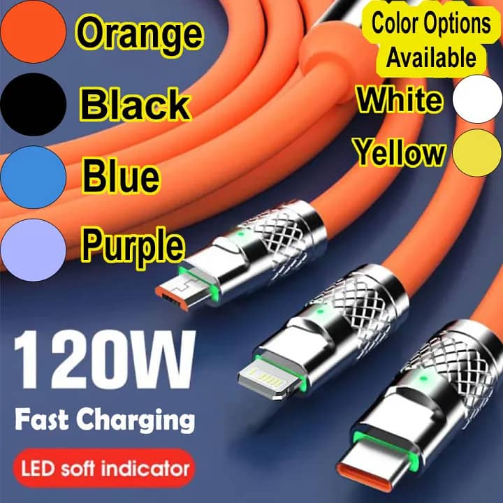 3 in 1 (120W) Type C Micro USB iOS Data Cable Fast Charging 4