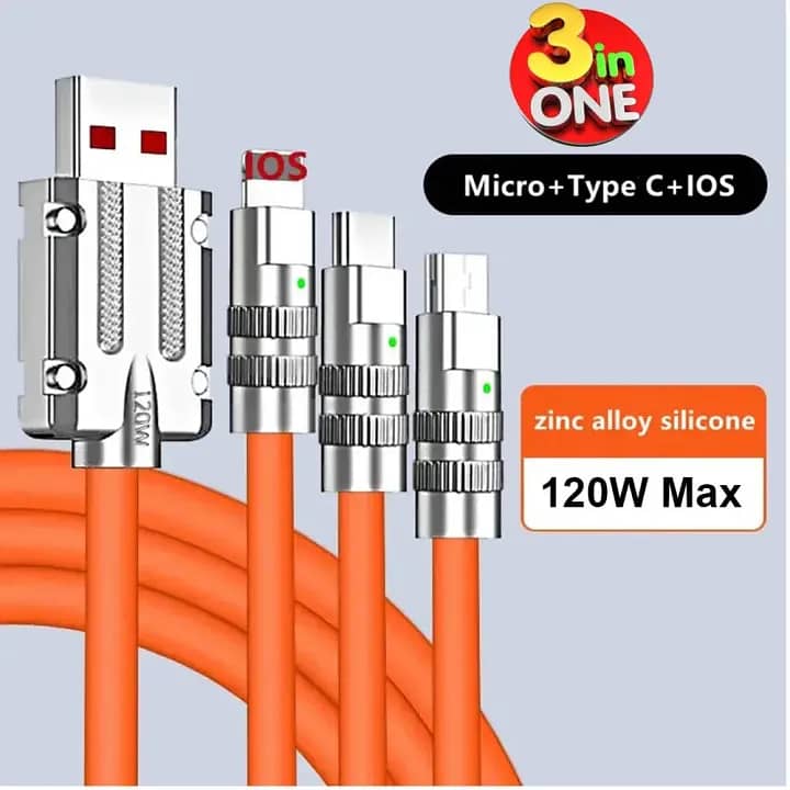 3 in 1 (120W) Type C Micro USB iOS Data Cable Fast Charging 5