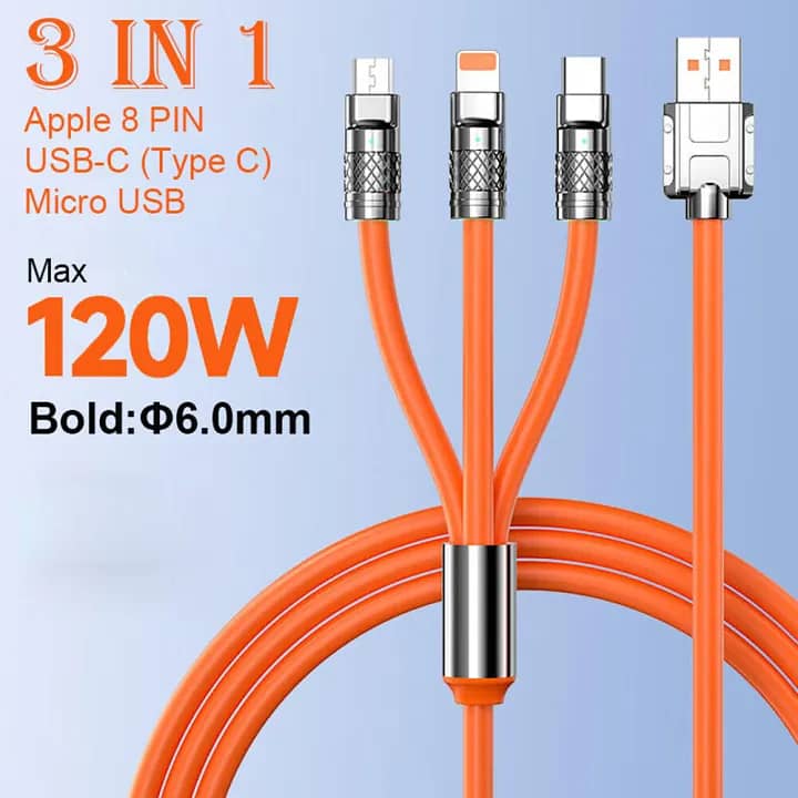 3 in 1 (120W) Type C Micro USB iOS Data Cable Fast Charging 6