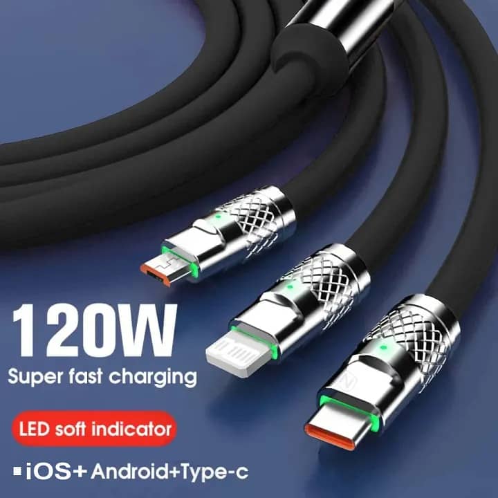 3 in 1 (120W) Type C Micro USB iOS Data Cable Fast Charging 7
