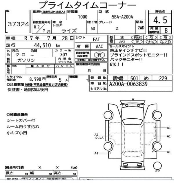 Toyota Raize Z Package 2020/2025 / 4.5 Grade Verifiable Auction Sheet 1