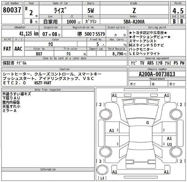 Toyota Raize Z Package 2020/2025 / 4.5 Grade Verifiable Auction Sheet 1