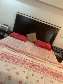 king size bed with mattress and 2 side tables