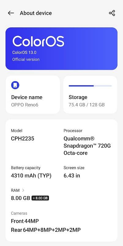 oppo reno 6  ( 8+8/128 )  with box & charger 1