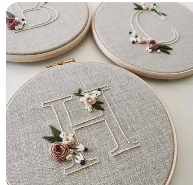 "Handmade Embroidery Hoop Art Floral Monogram Designs " 0