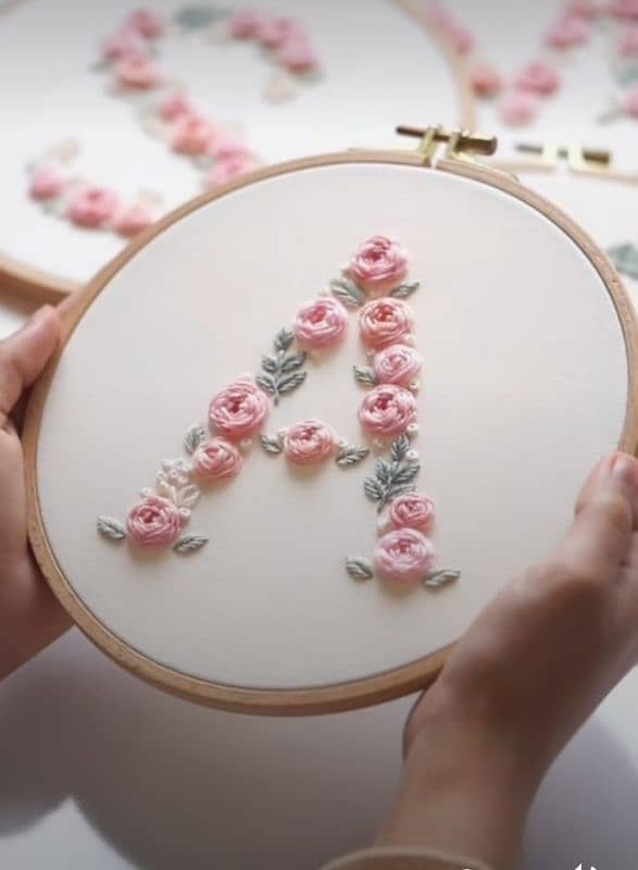 "Handmade Embroidery Hoop Art Floral Monogram Designs " 1