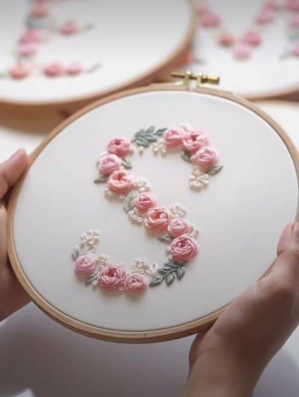 "Handmade Embroidery Hoop Art Floral Monogram Designs " 2