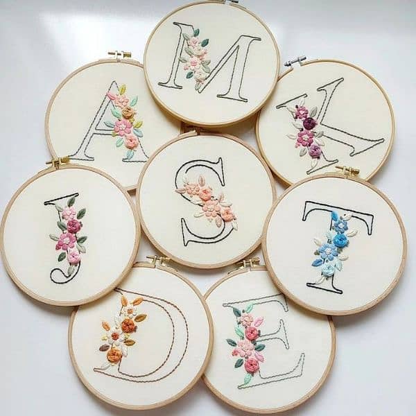 "Handmade Embroidery Hoop Art Floral Monogram Designs " 3