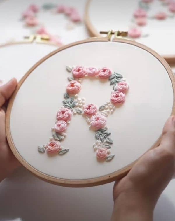 "Handmade Embroidery Hoop Art Floral Monogram Designs " 4