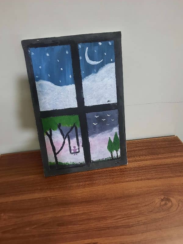 Handmade Acrylic Painting - Window View of Dreamy Night 1