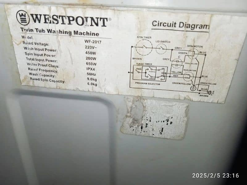 west point washing machine twin tub model no: 007 6