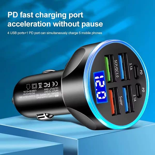 66-250W PD Car Charger QC3.0 Fast Charge Car Cigarette Lighter 5