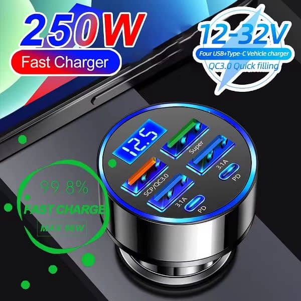 250W PD Car Charge Fast Charge Cigarette Lighter  Digital Display 6