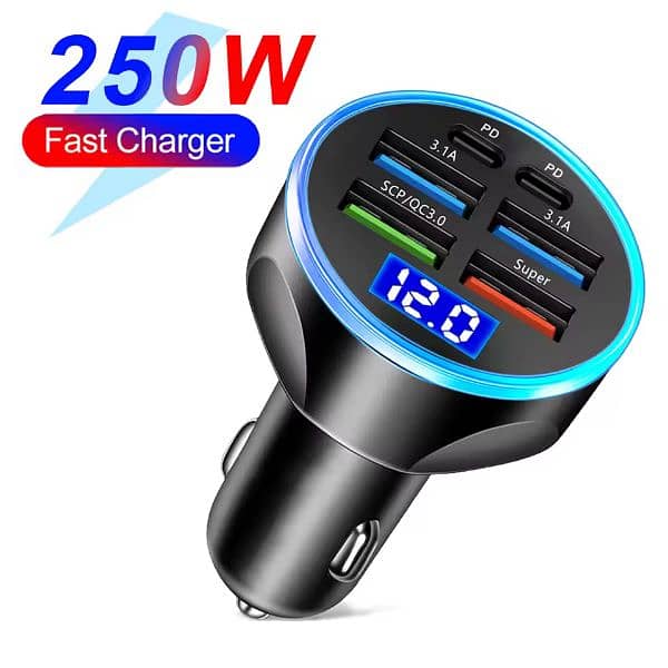 250W PD Car Charger Car Cigarette Lighter Plug Digital Display 5