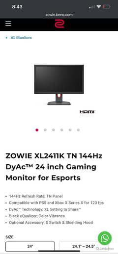 144HZ GAMING MONITOR BENQ XL2411k