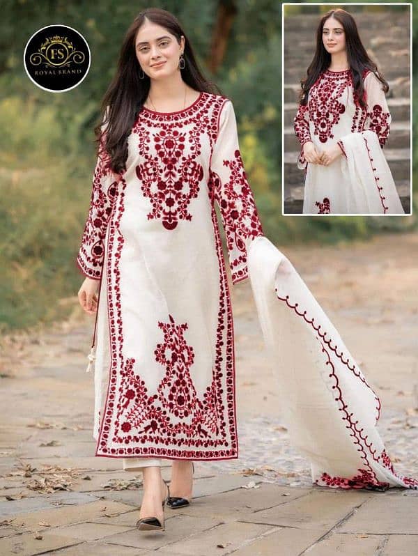 3 pcs women's stitched organza Embroidered suit 1