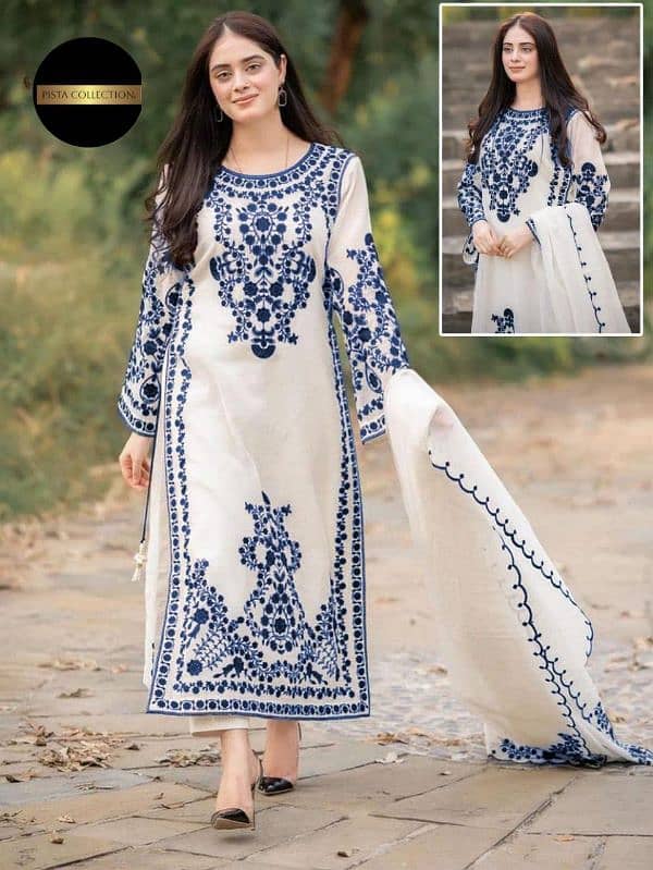 3 pcs women's stitched organza Embroidered suit 2