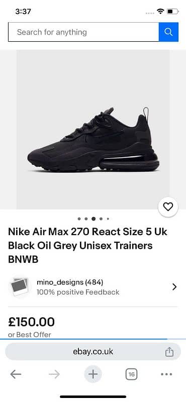 Nike Air Max Black 270 React Oil Grey Unisex, Size 8/42/condition 9/10 7