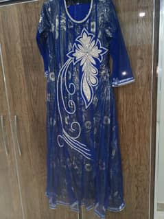 Blue long frock with trouser and net dupatta