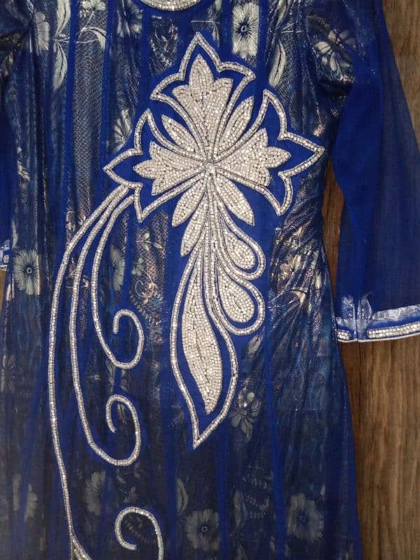 Blue long frock with trouser and net dupatta 1