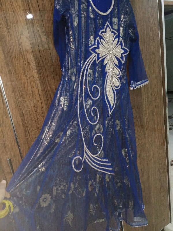 Blue long frock with trouser and net dupatta 2