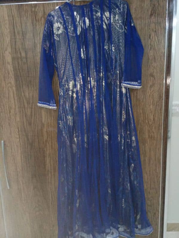 Blue long frock with trouser and net dupatta 3