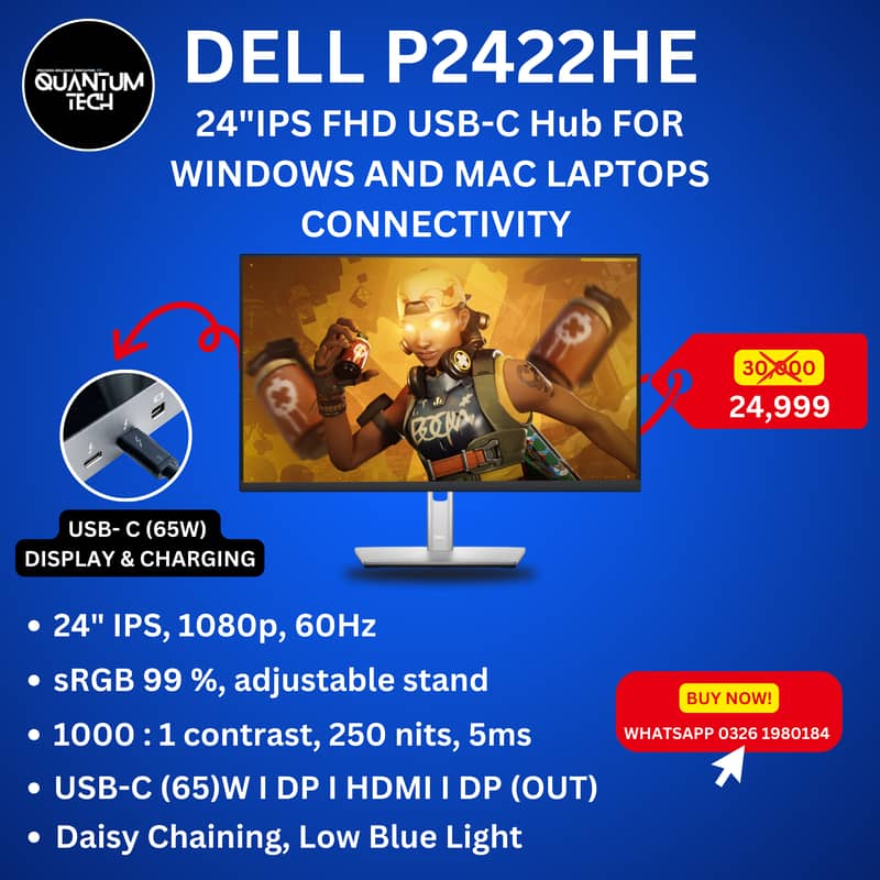 24inch IPS FHD 1080p USB C TYPE C 65W Dell P2422HE Borderless Monitor 0