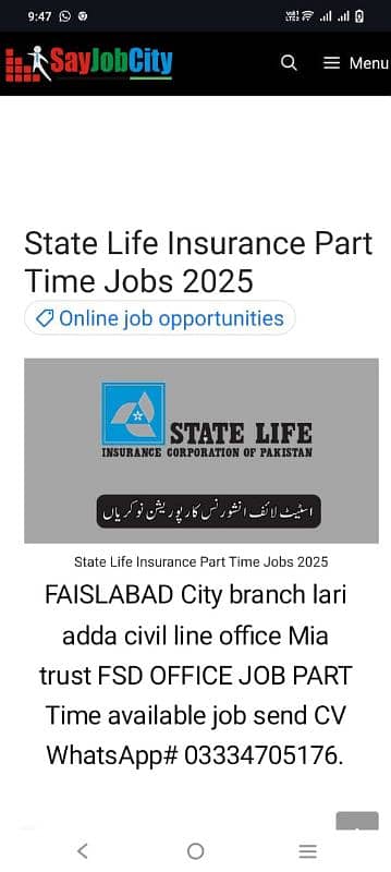 JOB OFFER STATE LIFE OFFICE Male CV FEMALE JOB 03334705176 Graduation. 1