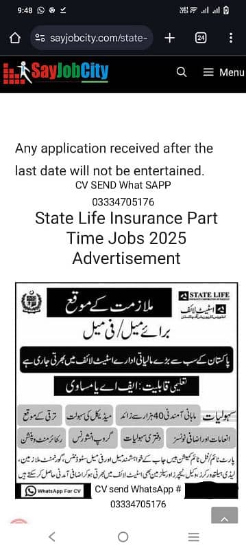 JOB OFFER STATE LIFE OFFICE Male CV FEMALE JOB 03334705176 Graduation. 4