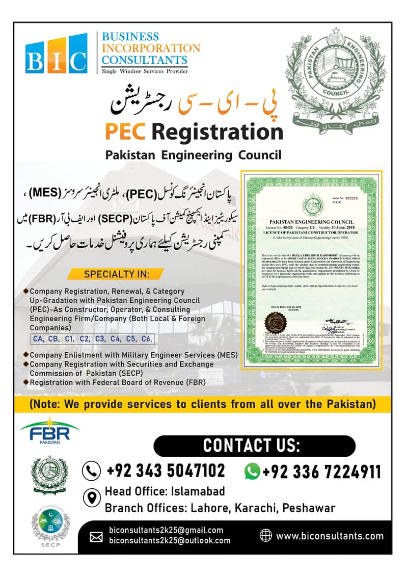 Company Registration with PEC, SECP, FBR, MES 0