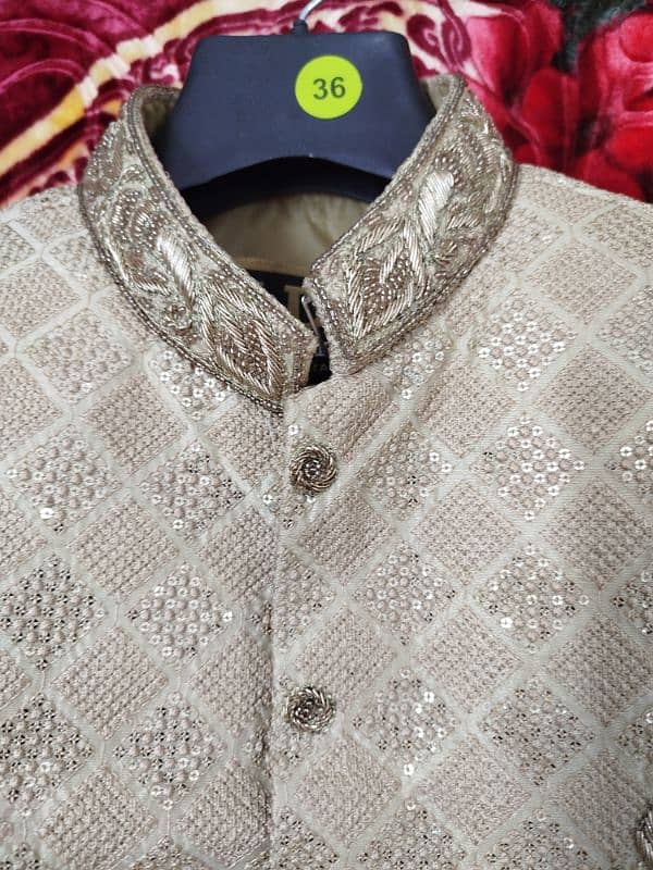 Groom Mustard Sherwani with  kulla and Khussa & Maroon Shawl 0