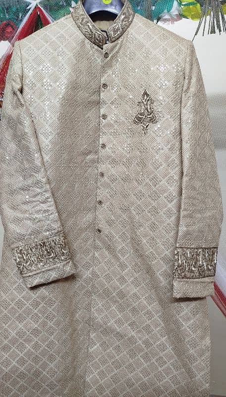 Groom Mustard Sherwani with  kulla and Khussa & Maroon Shawl 1