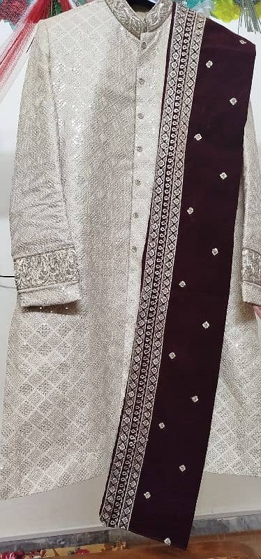 Groom Mustard Sherwani with  kulla and Khussa & Maroon Shawl 3