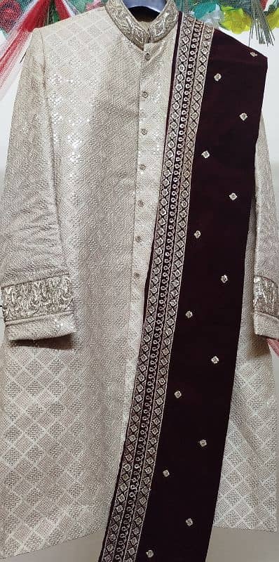 Groom Mustard Sherwani with  kulla and Khussa & Maroon Shawl 4