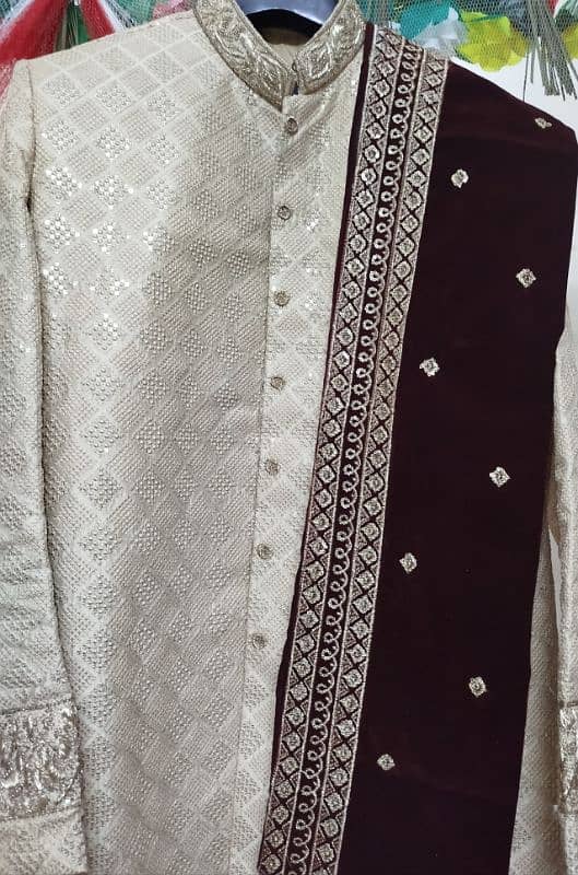 Groom Mustard Sherwani with  kulla and Khussa & Maroon Shawl 5