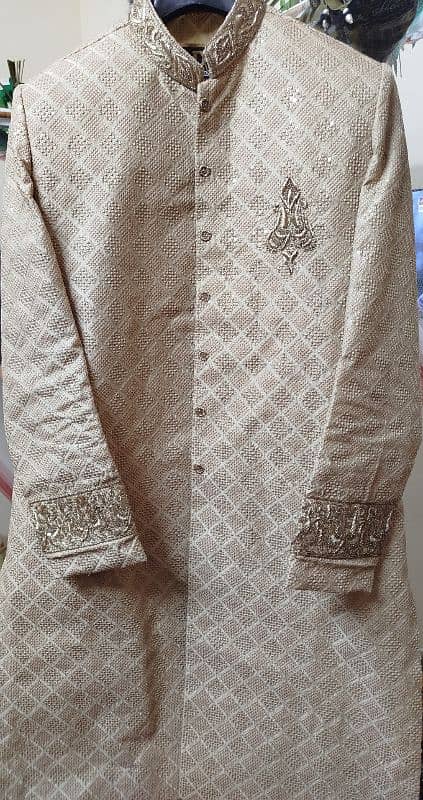 Groom Mustard Sherwani with  kulla and Khussa & Maroon Shawl 10