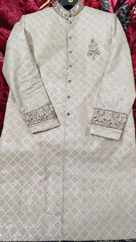 Groom Mustard Sherwani with  kulla and Khussa & Maroon Shawl 11